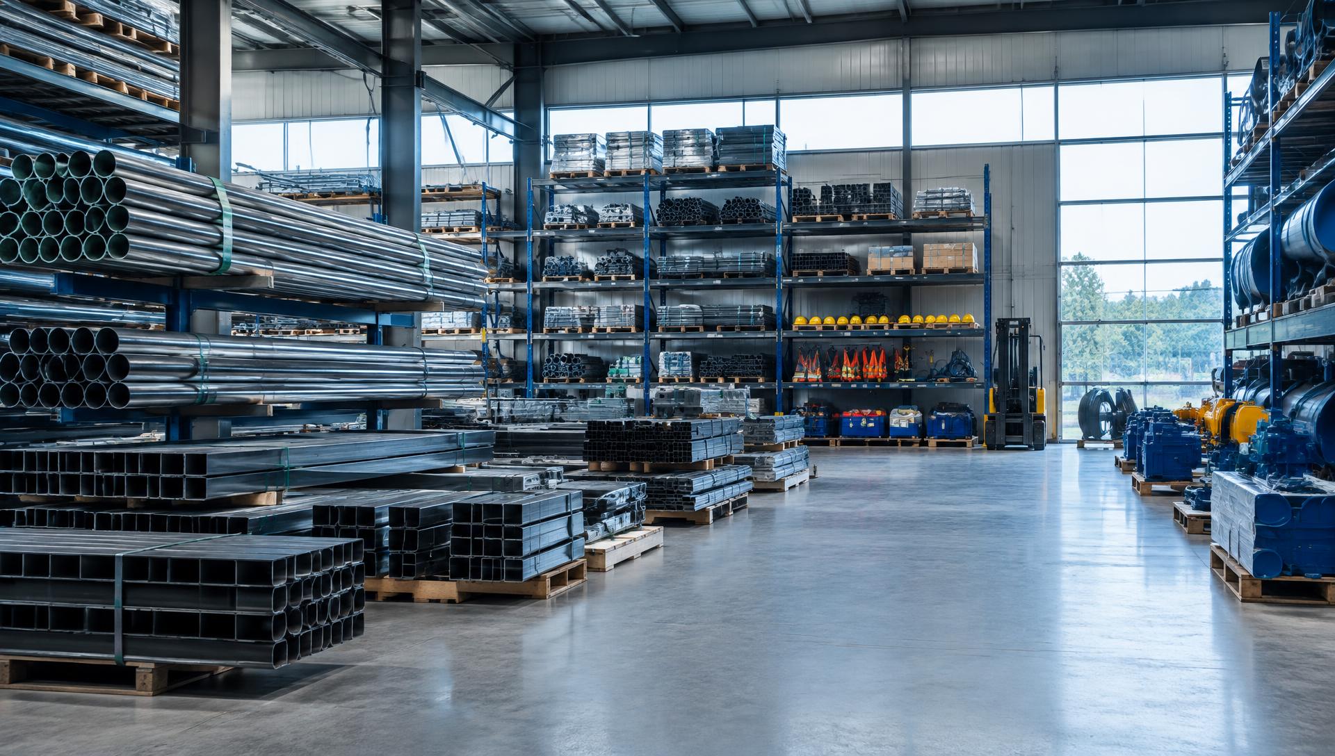 Almacén industrial con materiales de construcción, equipos y suministros de seguridad